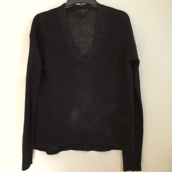 J. CREW Oversized 100% Linen Black Semi Sheer V-Neck Pullover Sweater - Picture 1 of 15